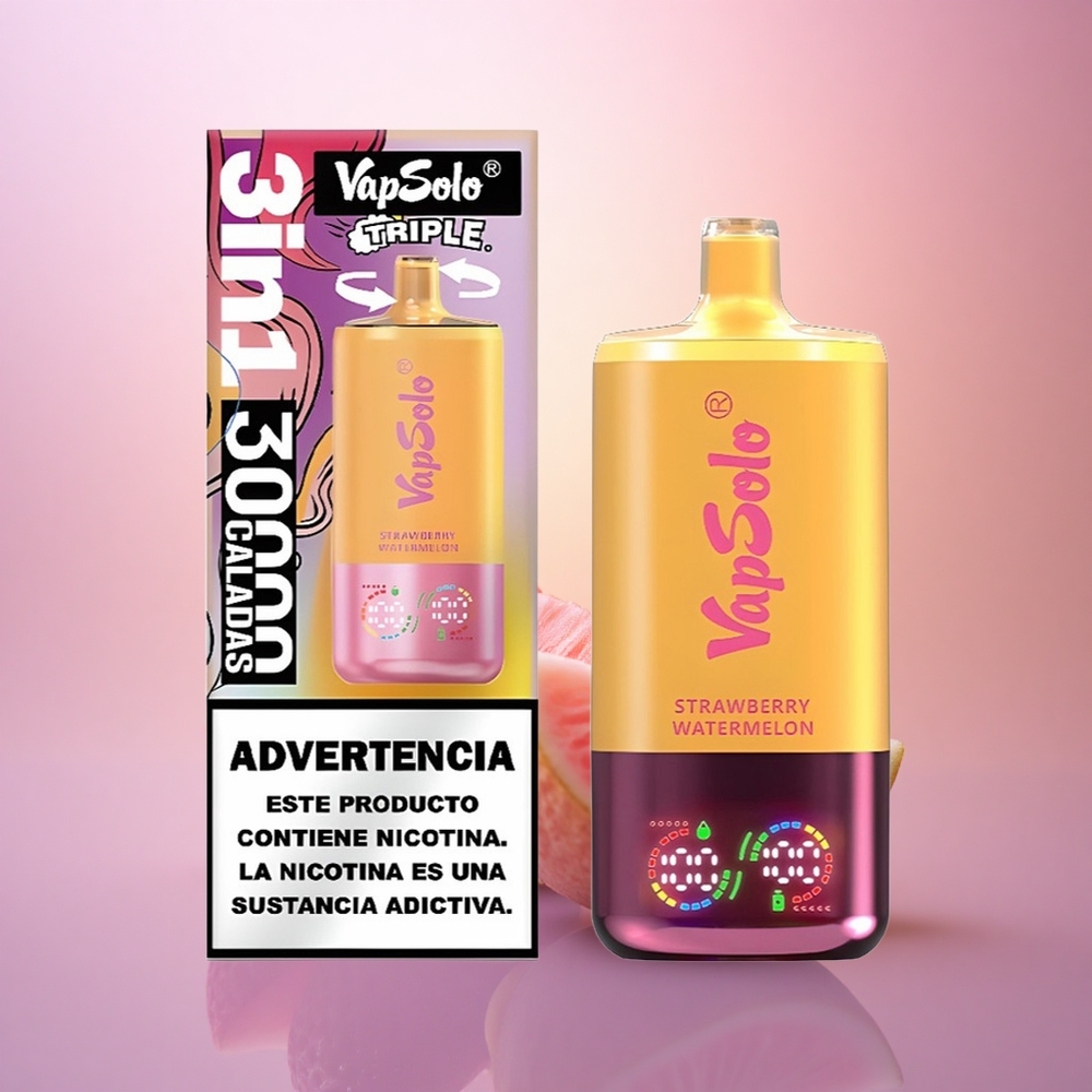 Vapsolo Triple 30000 Puffs Fresa Sandía & Limón Durazno con 40ml de Líquido y 20mg/ml de Nicotina