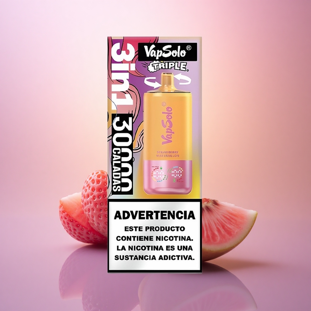 Vapsolo Triple 30000 Puffs Fresa Sandía & Limón Durazno con 40ml de Líquido y 20mg/ml de Nicotina